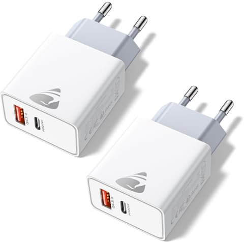 Caricatore USB C, 2 Pezzi Caricabatterie Rapido 20W, 2Porto Presa USB Caricatore Multiplo PD & QC3.0 Carica Cellulare, Spina Tipo C Alimentatore per iPhone 17 16 15 Samsung, Spinotto Muro Adattatore