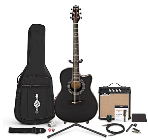 Roundback-Elektroakustikgitarre, Schwarz, mit Komplettpaket