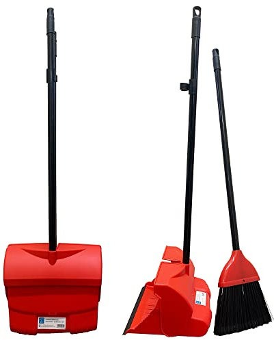 Red Long Handled Dustpan and Brush Set | Self-Closing Lid Large Dustpan, and Sweeping Brush Indoor Broom Both with Strong Metal Handle| Broom and Dustpan Cleaning Set