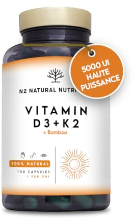 Vitamine D3 K2 Dosage Élevé Naturelle - Vitamine D3 5000 iu + Vitamine K2 MK7 200μg + Silicium Contribue au Fonctionnement Système Immunitaire les Os et les Dents 150 Capsules N2 Natural Nutrition