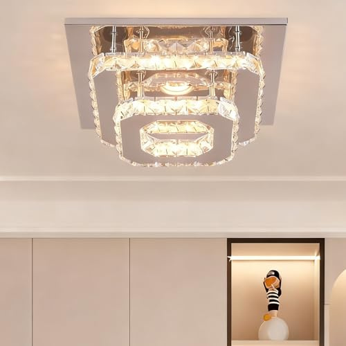 通用 Fintonglan Plafón LED de Cristal Cuadrado 25×25 cm, Semiempotrado en Acero Inoxidable con Luz Blanco Cálido 25W, Lámpara de Techo Moderna para Dormitorio, Salón y Comedor