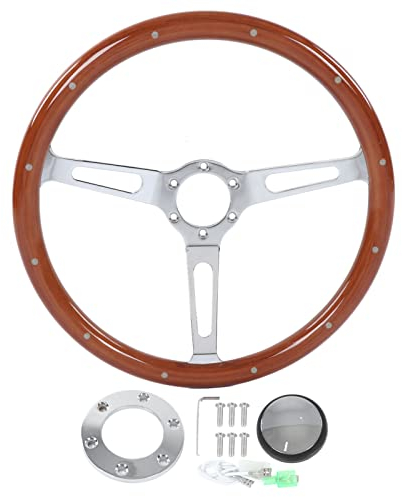 Lenkrad, Fydun 380 Mm 15 Zoll Universal Klassisch Jahrgang Lenkradmontage Lenkrad aus Holz Walnussgriff 3 Speichen Genietet 6 Loch Auto-Modifikation(Braun)