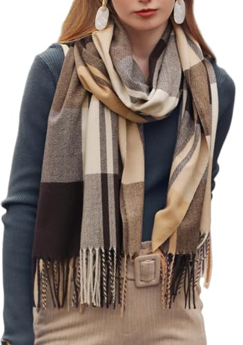 Wander Agio Women's Fashion Scarves Long Cashmere Like Shawl Winter Warm Knit Large Tassel Scarf British Style Plaid Brown 9