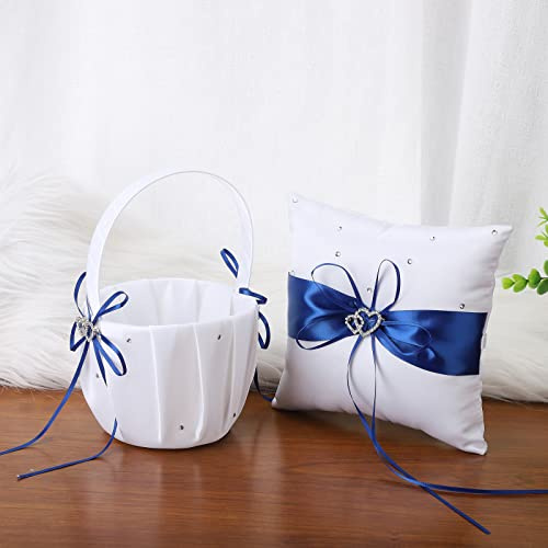 Almohada Portadora de Anillo, Cesta de Niña de Flores de Boda, Cinta Azul Real, Cojín de Anillo de Cesta de Pétalos de Satén de Pedrería de Doble Corazón Lindo(Azul)