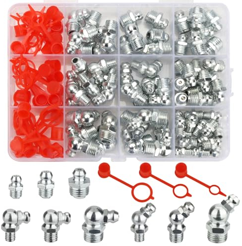 Nadinsta 100 Stück Schmiernippel Sortiment Metrisch für Fettpresse, Schmiernippel Set M6 M8 M10 Gerade und Abgewinkelt 45 °90 °, Abschmiernippel Kegelnippel, Kit Kegelschmiernippel für Schmierpressen