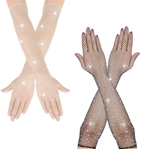 YanBous 2 Paires de Gants en Résille Longs pour Femmes, en Filet Avec Strass Scintillants, d'Opéra pour Fêtes Déguisées des Années 80, Accessoires de Cosplay Halloween (Noir/Blanc)