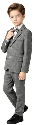 LOLANTA 3PCS Page Boys Plaid Suit, Wedding Prom Smart Blazer, Formal Wear Jacket Trousers Bow Tie Set(Darkgray,11-12 Years,Tag 150)