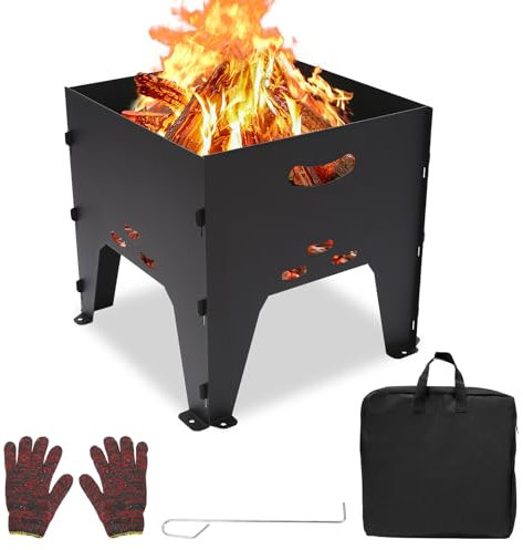 GFTIME Tragbarer Feuerschalen Feuerkörbe für Camping, Feuerstelle mit Passender Tragetasche und Handschuhe, 36.3 x 34.5 x 35cm, Perfekt Kohlenbecken für Outdoor-Wärme, Picknicks, Lagerfeuer, Terrasse