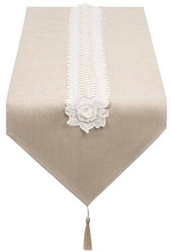 SANLEHAUSE Camino de Mesa de Lino Beige 40 x 250 cm Moderno, Camino de Mesa con Borlas Bordadas, Liso, Elegante y de fácil Cuidado para Mesa de Comedor, Mesa de Centro, Restaurante, Decoración