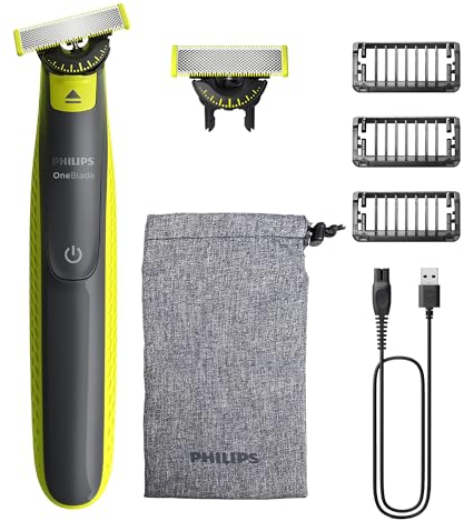 PHILIPS OneBlade 360 Face - elektrischer Rasierer & Trimmer, 2x 360 Klingen, 3x Trimmaufsätze (1/3/5mm), Nass- & Trockenrasur, Akku-USB, fürs Gesicht (QP2724/31)
