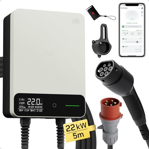 dé Borne de Recharge Véhicules Électrique 22kW APP [6-32A, Triphasé, 400V] Wallbox 22kW avec Câble Type 2 5m, RFID, Borne de Recharge avec RCD Type-B et IP55 pour E-208 et Autres BEV/PHEV, Blanc
