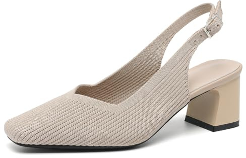AHZEHRSE Womens Slingback Heels Square Toe Comfortable Chunky Heels Pumps Sexy Low Block Heel Wedding Dressy Work Office Shoes Beige