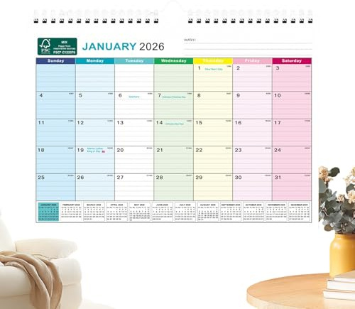 Calendario de escritorio 2026 | Planificador semanal mensual de bloques a rayas – Calendario de escritorio de 18 meses planificador de pared – para planificación de horario académico, Navidad, Año