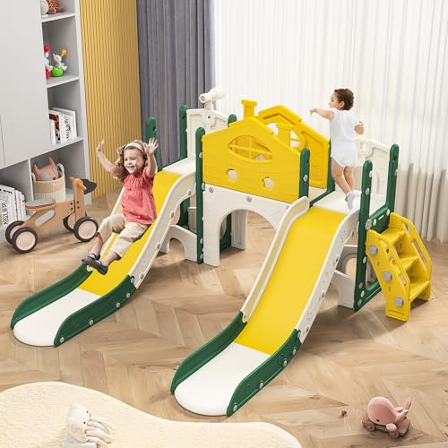 Scivolo per Bambini 7 in 1, doppio scivolo con canestro da basket e tunnel, passerella, scala, telescopio, scivolo multifunzione con struttura da arrampicata per interni ed esterni (B, 166x203x97)