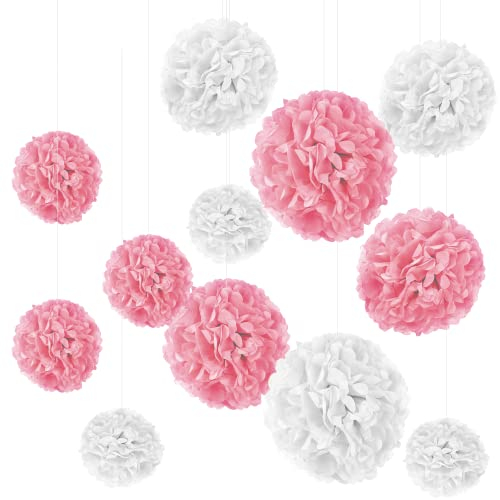 12er Set Seidenpapier Pompoms, inkl. Satinbänder (je 1.20m), inkl. Geschenkverpackung, mit deutscher Videobastelanleitung (Weiß Rosa)