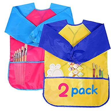 2 Pcs Grembiule Pittura Bambini, Impermeabile Scuola Con Maniche Lunghe e 3 Tasche Grembiulino per Dipingere, Giocare e Mangiare, 2 a 8 Anni