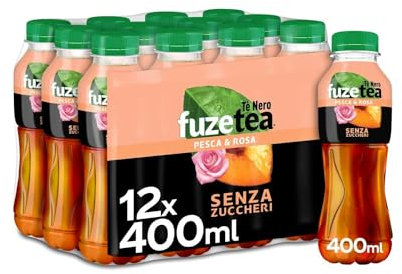 Fuze Tea, Bevanda Rinfrescante Analcolica di Té al Gusto Pesca e Rosa, Senza Zuccheri - 12 Bottiglie da 400 ml