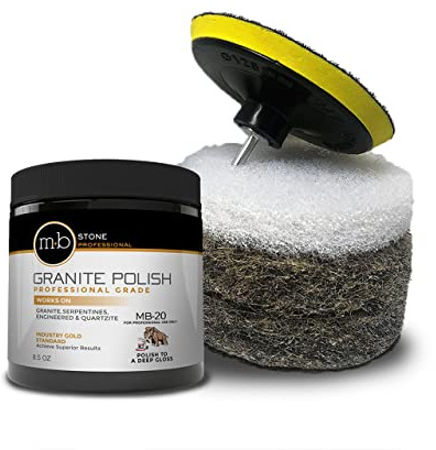 MB Stone MB-20 Granite, Serpentine and Quartzite Polishing Kit Bundle with Hogs Hair Pads & Pad Driver- for Professional use only 8.5oz jar