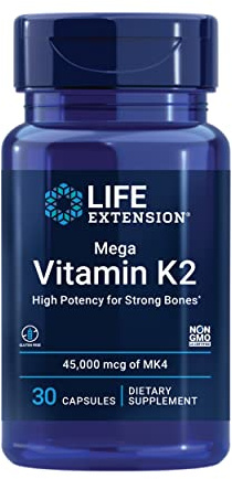 Life Extension Mega Vitamin K2 High Potency for Strong Bones, clinically studied 45 mg K2 dosage, promotes healthy bone density, gluten-free, non-GMO, 30 capsules