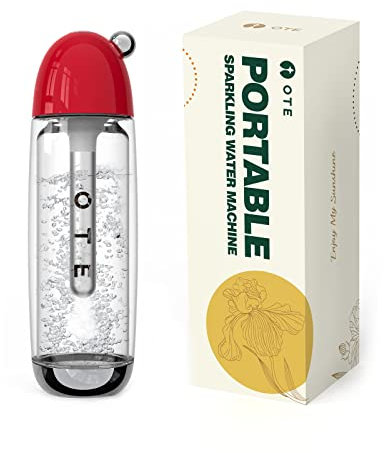 OTE Gorgogliatore Portatile – Macchina per Acqua Frizzante, 450 ml, Dimensioni Compatte, Mini Cilindro da 8 g(Non Incluso), Senza Corrente, Bottiglia in PET a Doppio Strato, Senza BPA, Rosso