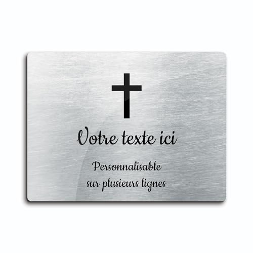 Plaque gravée funéraire motif Croix Chrétienne autocollante modèle rectangle (20x15 cm) personnalisée 1 à 3 lignes Alu Brossé