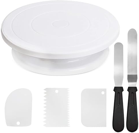 MeYuxg Tortenplatte Drehbar, Drehbare Tortenplatte Bringen 2 Tortenspachtel und 3 Tortenschaber, Geeignet für Anfänger und Profis Drehteller Torte Tortenplatte mit Fuß （6 Teiliges Set）