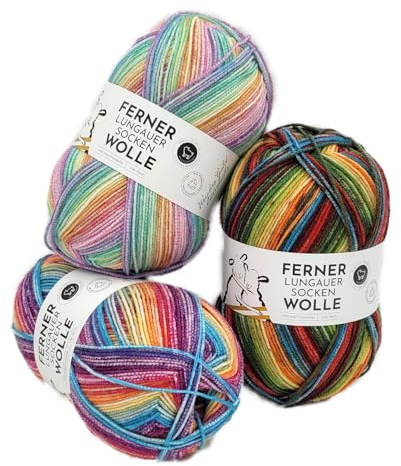 Ferner Wolle Lungauer Sockenwolle 4-fädig Trio Regenbogen Pastell Bunt, 3x100g mulesingfreies Sockengarn 4-fach, 75% Wolle, 25% Polyamid, Strumpfwolle Paket Stricken und Häkeln