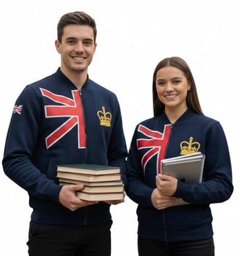 Unisex Union Jack Broderi Kedja Stitch Baseballjacka Krona Guld Emb, XS till 4XL Huvtröja, Marinblå, M