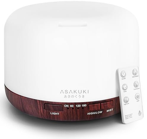 ASAKUKI Essential Oil Diffuser for Home, 500ML Aromatherapy Diffuser Humidifier with Remote Control, 7 Color LED Lights, Quiet Cool Mist Diffuser for Bedroom, Living Room, Office (Reddish-Brown)