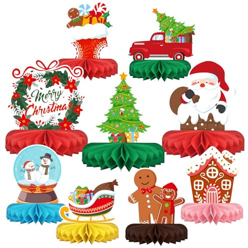 Merry Christmas Party Decorations Bundle - Includes Festive Christmas Honeycomb Centerpieces ，Santa Claus Snowman Table Toppers, Perfect for Classroom Decor, Christmas & Winter Birthday Party Supplies