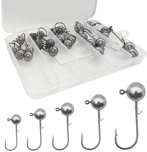 Teste Piombate Gancio Ami da Pesca (25 Pezzi), Con sfere rotonde al piombo, Con Scatola portaccessori per Pesca, Per pesci di gomma, 7g/10g/12g/14g/17g