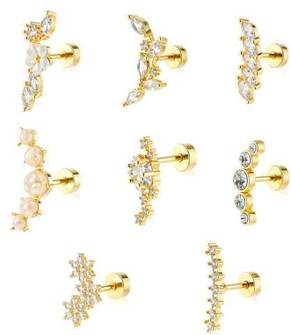 Yolev 8 PCS 16G Cartilage Earrings Helix Piercing Jewelry Set (Gold)