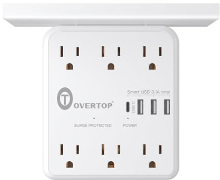 Overtop Power Charger with Shelf, Wall Outlet Extender Surge Protector with 6 AC Outlets, 4 USB Ports(1 USB C) Plug Expander Charger Shelf with Storage for Home, Dorm