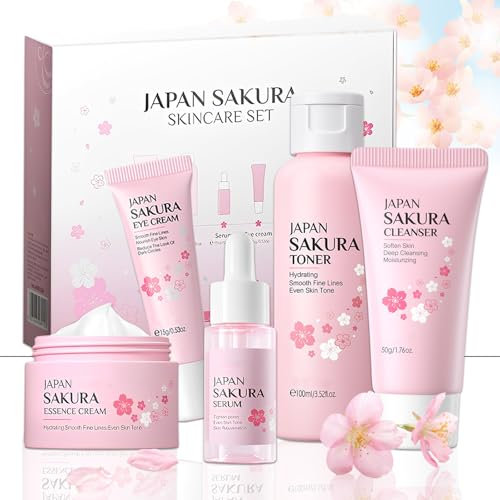 5 Pezzi Kit per La Cura Della Pelle Sakura con Tonico,Detergente,Crema Viso,Sakura Skincare Set,Set per La Cura Della Pelle Sakura per La Pulizia del Viso per Ragazze Donne (5 Pezzi)