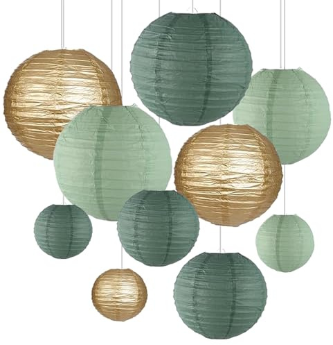 ZYOOO 10 Stück Grün Gold Papierlaterne Lampion rund Lampenschirm(Set 3 Farben à 25cm, 20cm，15cm) Salbeigrün Lampions Hochzeit,Rustikale Party,Brautparty,Geburtstagsparty,Gartenparty Deko