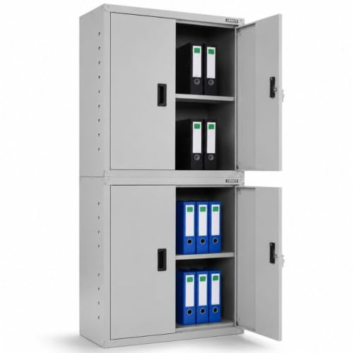 AREBOS Armoire de Bureau en Acier 180×90×40 cm | Meuble de Classement et de Stockage | 2 Étagères Réglables en Hauteur | Armoire à Matériel Robuste | Gris