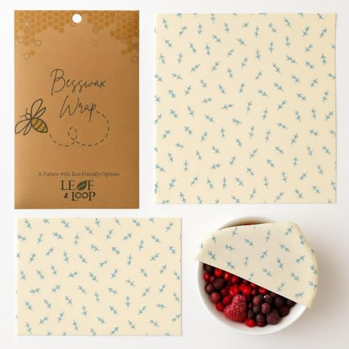 Leaf & Loop Beeswax Food Wraps | 3 Reusable Organic Cotton Wraps | Plastic-Free, Eco-Friendly Alternative to Cling Film | Ideal for Sandwiches, Cheese & Bowl Covers