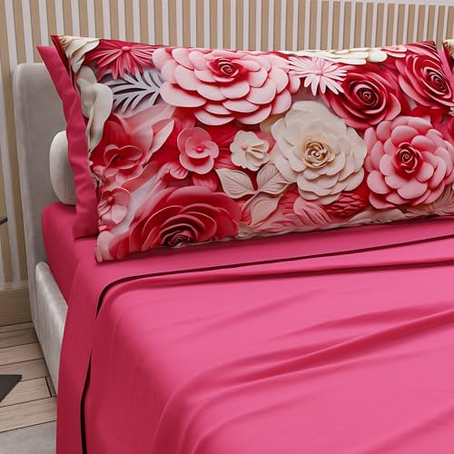 PETTI Artigiani Italiani - Lenzuola in Cotone con Federe in Stampa Digitale, Matrimoniale Maxi, Completo Lenzuolo Sopra e Sotto con Angoli, Floreale 05 3 Fucsia, 100% Made in Italy