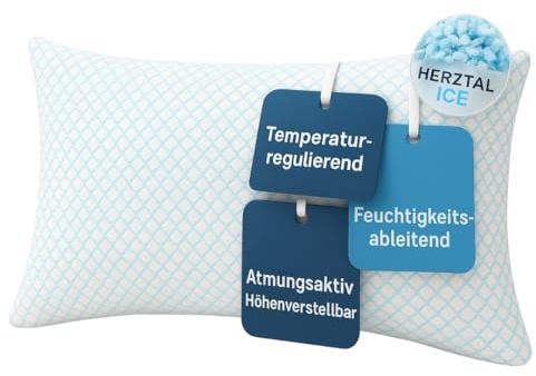 hERZtal Ice Kissen, 40x80 cm, Memory-Foam, Höhenverstellbar, Kühlende Technologie, Temperaturregulierend