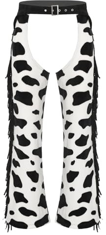 Loodgao Mens Flannel Cowboy Chaps Cow Spot Print Hollow Out Open Crotch Pants Halloween Fancy Dress Black White S