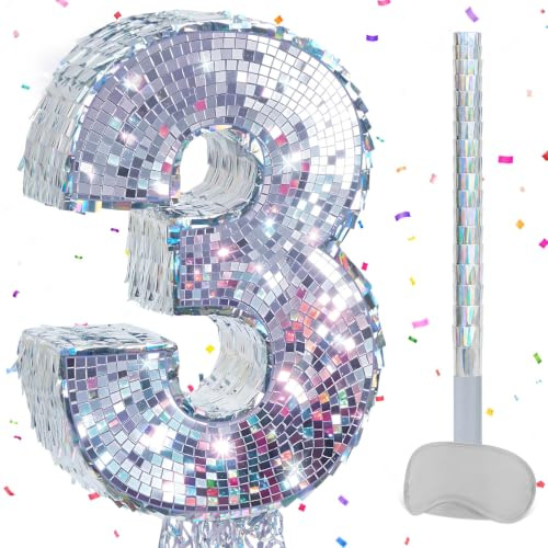 WERNNSAI Disco Number 3 Pinata Silver Third Birthday Party Decorations | Shiny 3rd Birthday Decor Disco Pinata with Stick and Blindfold Supports Hit or Pull Two Ways to Play Hold 3lbs Pinata Fillers