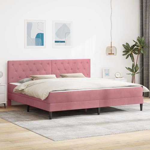 Xuvaracle Sängram med madrass, 200 x 200 cm, rosa sammet med bekväm sänggavel och praktiskt förvaringsutrymme, robust ribbotten, komfortskummadrass, perfekt för sovrum