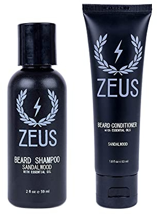 ZEUS Travel Beard Shampoo & Conditioner Combo for Men, Grooming Set with Green Tea & Essential Oils, Softens, Hydrates & Moisturizes Facial Hair (Made in USA) Sandalwood