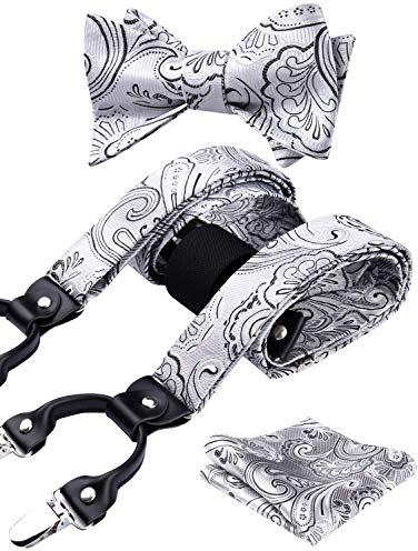 HISDERN Herren Hosenträger mit 6 starken Clips Extra Breit Paisley Y Form Grau Hosenträger für Herren mit Fliege Einsteckuch Set…