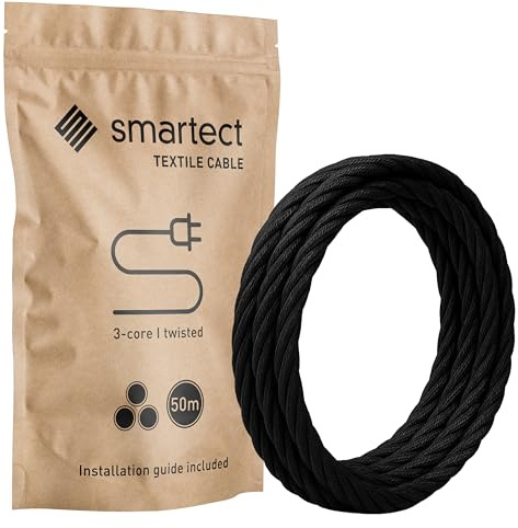 smartect Textilkabel Schwarz, 50 Meter Vintage Lampenkabel Stoff Gedreht, 3-Adrig (3 x 0.75 mm²) Stromkabel Textilummantelt für eigenes DIY Projekt