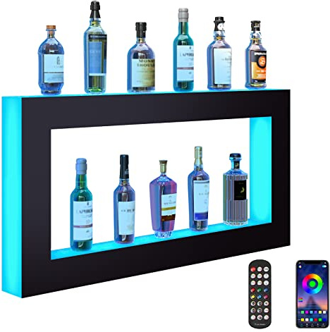 VEVOR LED Lighted Liquor Bottle Display Shelf, Square 48 Inches, Supports USB,Illuminated Home Bar Shelf w/RF Remote & App Control 7 Static Colors 1-4 H Timing, Acrylic Wall-Mounted Shelf