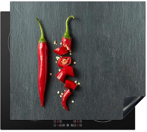 KitchenYeah© Herdabdeckplatte Einteilig Induktionsmatte Küche Abdeckung Ceranfeld Herd Abdeckplatte Deko Vinyl Matte Aufrollbar Pfeffer - Rot - Gewürz - Grau - Grün - 59x52 cm