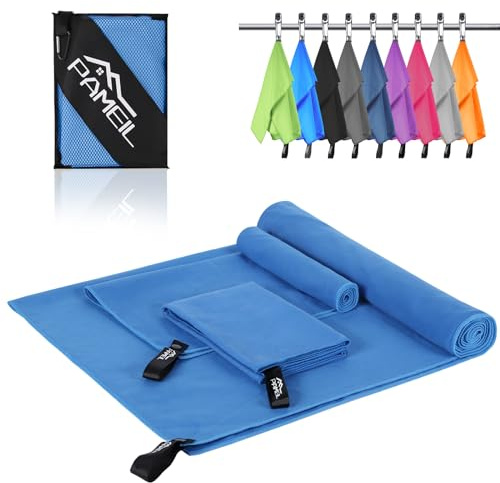 Pameil Microfiber Towel Set 3-Pack Quick Dry Travel Gym (Light blue) | Includes 2 hand (80x40cm) + 1 bath (160x80cm). Ultra-absorbent, sand-free & compact. For swim, beach, camp, hike & outdoor
