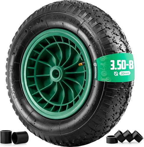 Ruota per Carriola 3.50-8 - Foro 20 mm - Pneumatico 3.50-8 (4PR) con Cerchione - Compatibile con Piccoli Rimorchi da Giardino ecc. - Include 6 Distanziatori in Nylon - Facile da Installare - MOOVMOOV