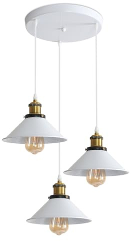 DELIPOP Lampadario a Sospensione Vintage, 3 Luci Industriale E27 Plafoniera Retro in Metallo, Illuminazione Lampada da Soffitto per Camera da Letto, Cucina, Sala da Pranzo (30cm Base, Bianco)